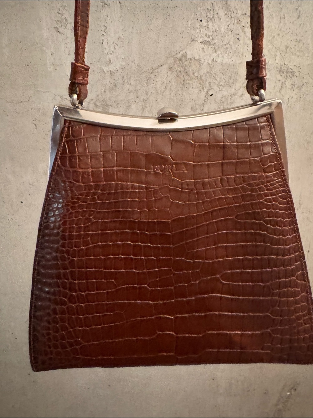 Furla KissLock Brown Croc-Embossed Leather Shoulder/Crossbody Bag